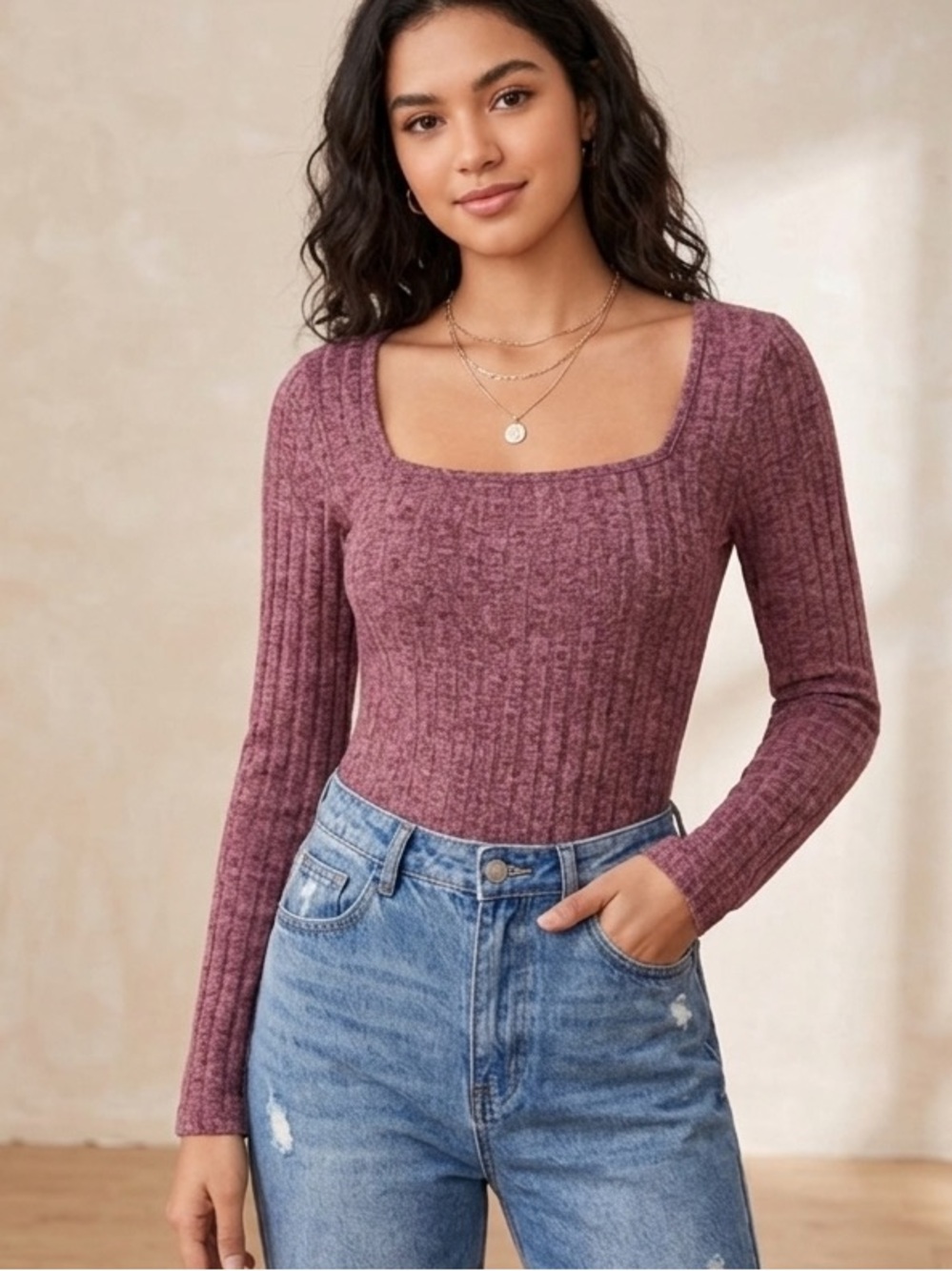 SHEIN Pink Ribbed Knit Long-Sleeve Bodysuit